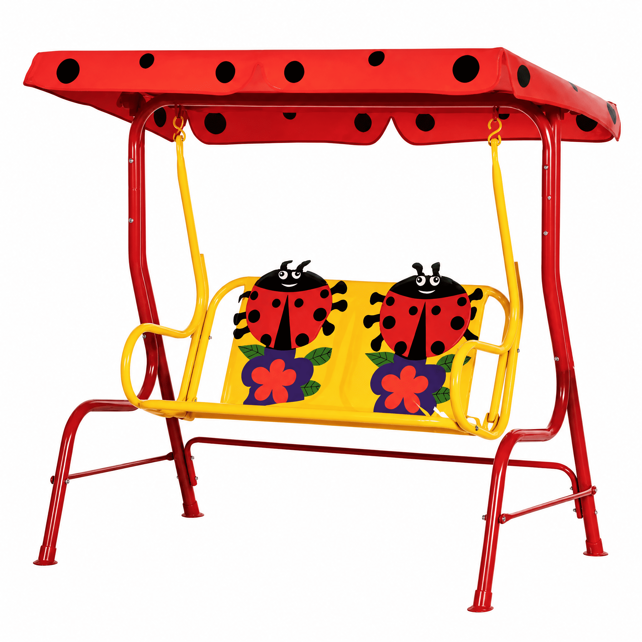 Red Double Seat Kids Swing Chair with Adjustable Canopy, Heavy-Duty Steel Frame Swing for 3-6 Years Old, 132 lbs Capacity, Outdoor/Indoor Use