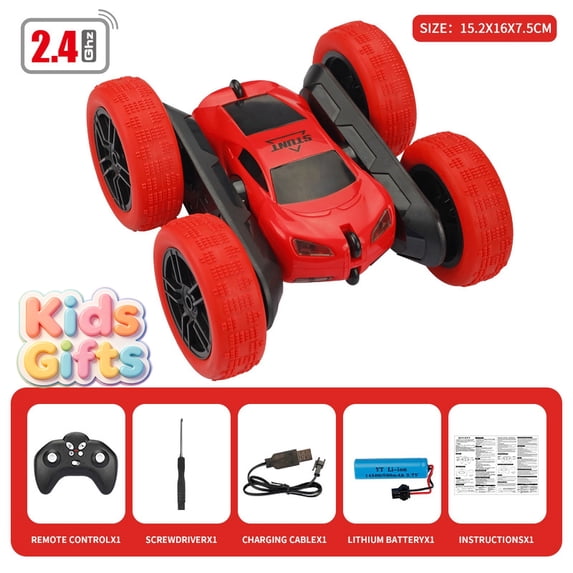 Red Double Sided 360 Flip RC Stunt Car, Remote Control Off Road Drift Vehicle with LED Headlights, 2.4G Anti-Interference Rechargeable Toy, Christmas Birthday Gift for Kids Boys Girls Ages 6+