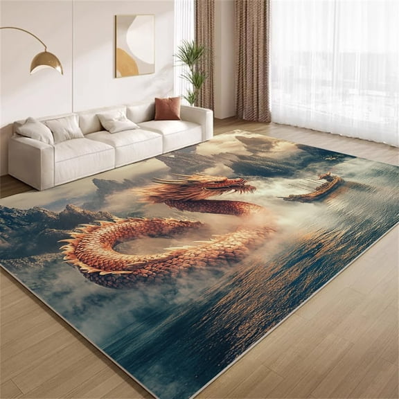 Red Dragon Area Rugs, Painted Dragon Lake Landscape Pattern Carpet, Washable Non Slip Low Pile Soft Rug for Living Room Bedroom Decor Mat 2ftx3ft