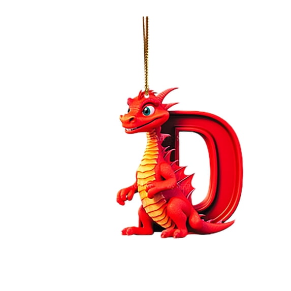 Red Dragon Baby with Monogram Letter "D" Christmas Ornament - Personalized Acrylic Hanging Pendant for Fantasy Themed Holiday Tree Decor,D