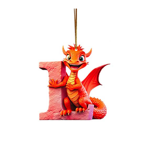 Red Dragon Baby with Monogram Letter "L" Christmas Ornament - Personalized Acrylic Hanging Pendant for Fantasy Themed Holiday Tree Decor,L