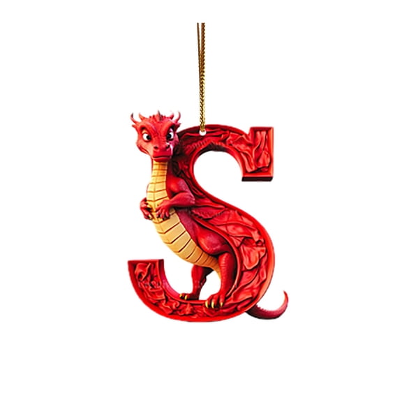 Red Dragon Baby with Monogram Letter "S" Christmas Ornament - Personalized Acrylic Hanging Pendant for Fantasy Themed Holiday Tree Decor,S