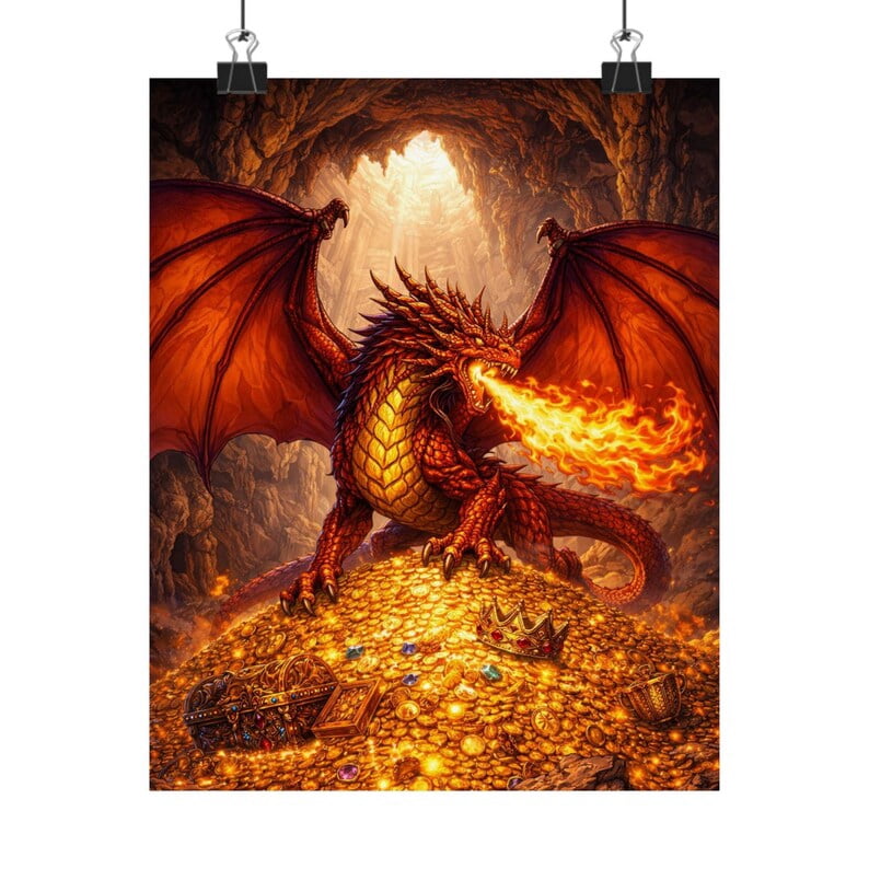 Red Dragon Breathing Fire Fantasy Hoard Scene Illustration poster Wall ...
