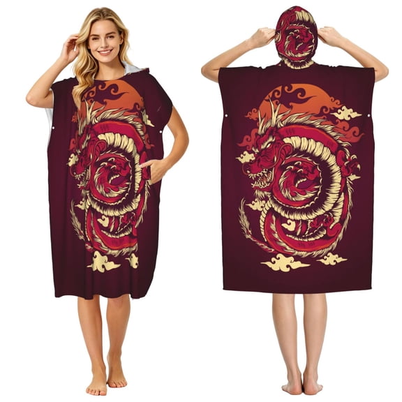 Red Dragon Cloud Japan Traditional Adult Hooded Beach Towel Changing Robe, Surf Poncho Towel for Surfing, Swimming, Camping