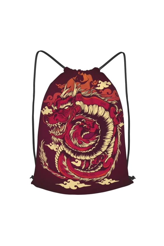 Red Dragon Cloud Japan Traditional Drawstring Backpack Gym String Bag Sports Sackpack Cinch Sack, Small