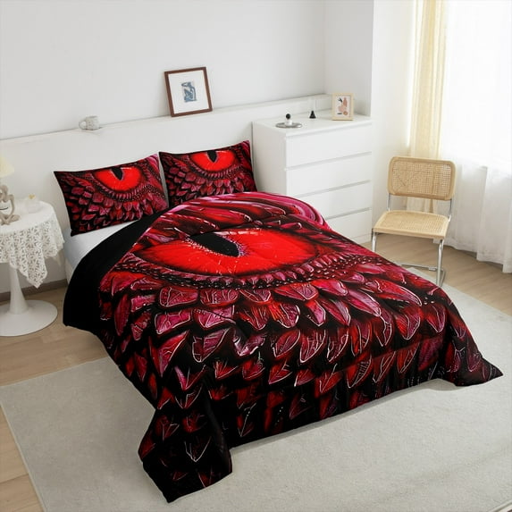 Red Dragon Eye Comforter Set Vintage 3D Dragon Queen Bedding Sets ,Gothic Quilt Mythical Animal Duvet Insert,Artistic Fantasy Room Decor Aesthetic