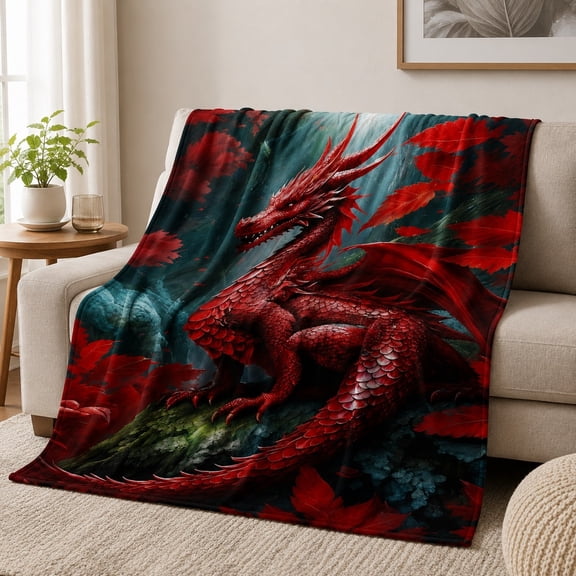 Red Dragon Fleece Blanket, Fantasy 3D Print Polyester Throw