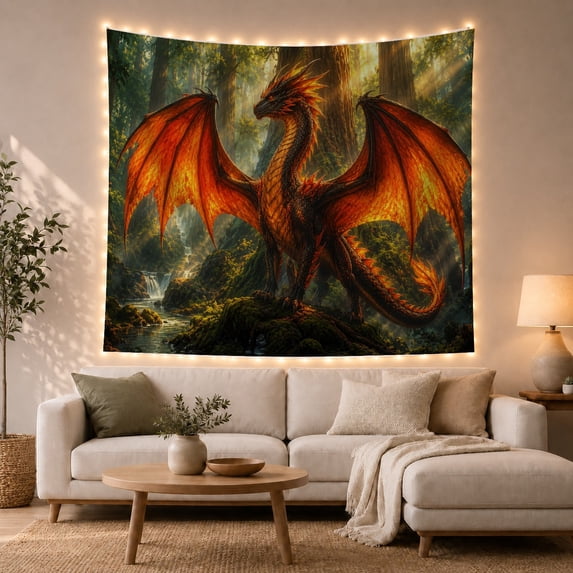 Red Dragon in Forest, Mystical Fantasy Art for Fantasy Decor Lovers, Dragon Wall Art Halloween Gift Tapestry Wall Hanging for Living Room, Bedroom and Game Room