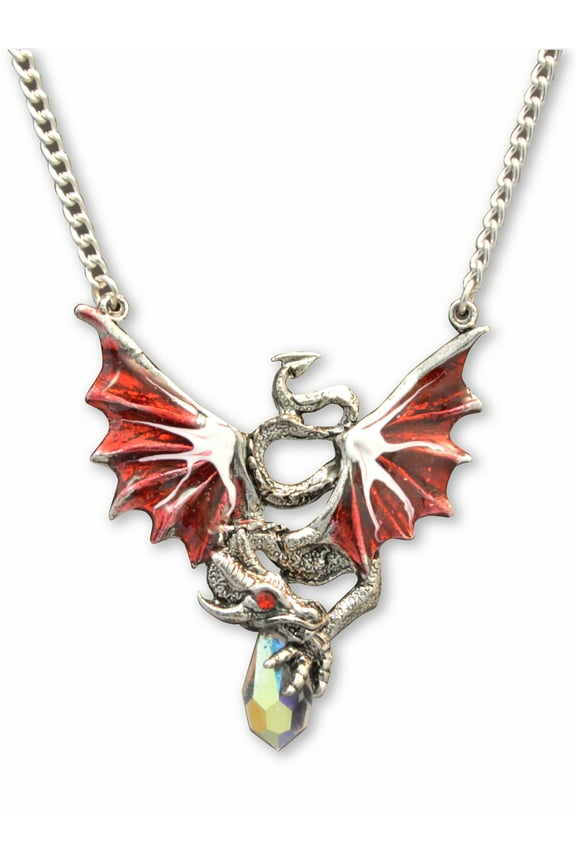 Red Dragon Holding Crystal Medieval Renaissance Pendant Necklace by Real Metal NK-489