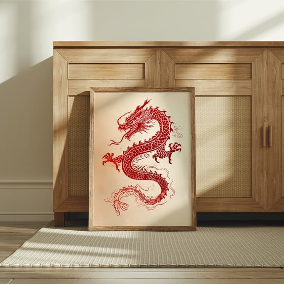 Red Dragon Japanese Poster, Traditional Asian Wall Art