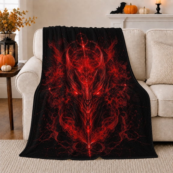 Red Dragon Line Art with Sharp Eyes and Smoke Curls, Dramatic Fantasy Art for Gamers, Mythic Creature Glow Effect Warm Flannel Blanket, Birthday Gift for Game Room and Bedroom Home Decor