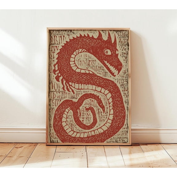 Red Dragon Linocut Mythical Creature Nordic Folk Rustic Medieval Poster , Poster Print Only