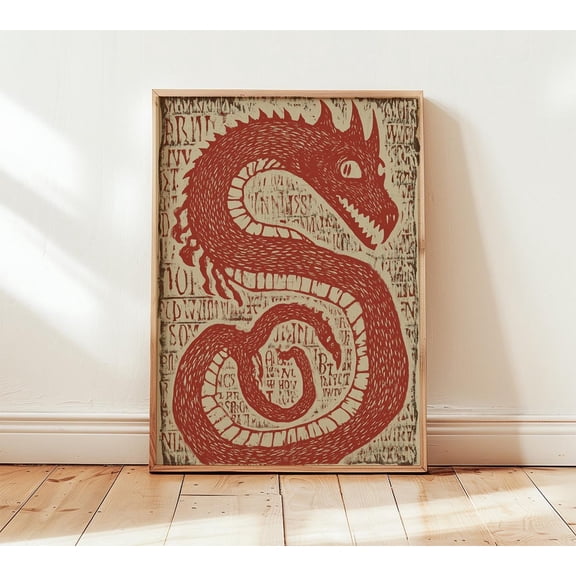 Red Dragon Linocut Print Mythical Creature Wall Art Nordic Folk Style Poster Rustic Mediev