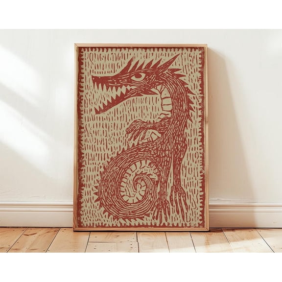 Red Dragon Linocut Wall Art Print, Unframed Paper Poster 24x36in