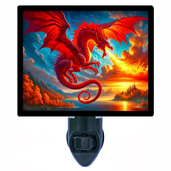 Red Dragon Night Light Fiery Fantasy Dragon Over Castle and Sunset Sky Scene with Free Switchable Insert