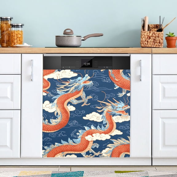 Red Dragon Pattern Dishwasher Magnet Cover for Washers Fridge Panel Decal 23"W x 26"H Inch
