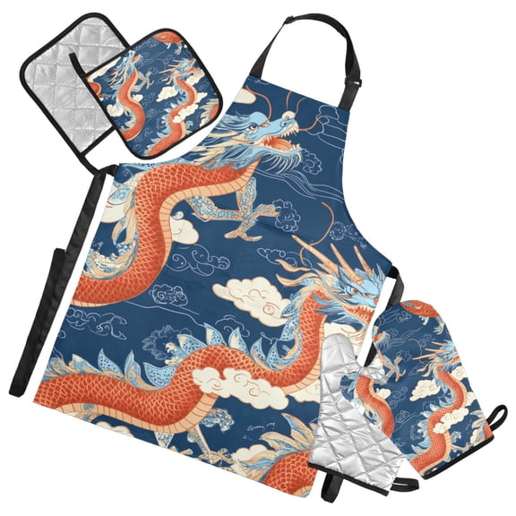 Red Dragon Pattern Oven Mitts and Pot Holders with Chef Apron Set 5 Pcs Kitchen Cooking Set