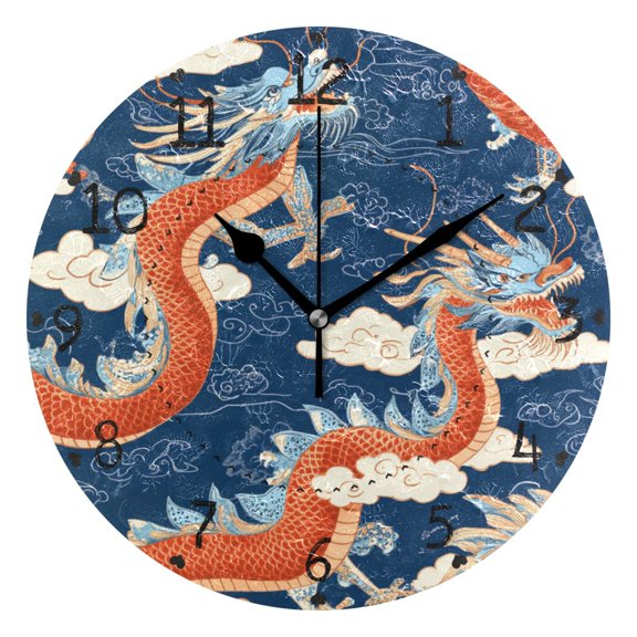 Red Dragon Pattern Round Wall Clock Silent Battery Operated Home Decor for Living Room Bedroom