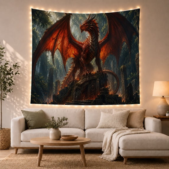 Red Dragon Perched on Ancient Forest Ruins, Majestic Dark Fantasy Adventure Art, Epic Tapestry Wall Hanging, Birthday Gift for Dragon Fans, Bedroom, Living Room, Gaming Room