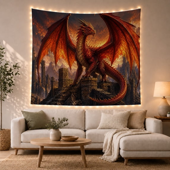 Red Dragon Perched on Ancient Ruins, Epic Fantasy Art, Dramatic Intense Illustration for Fantasy Lovers, Medieval Room Decor, Halloween Gift Tapestry Wall Hanging for Bedroom, Game Room and Dorm