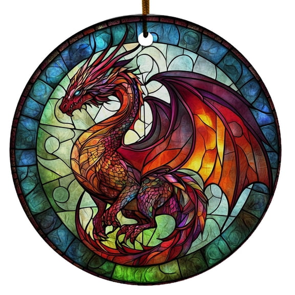 Red Dragon With Stained Glass Design Ornament, Gifts for Dragon Lover, Custom Name Ceramic Ornament, Dragon Lover Gifts for Men Women, Xmas Tree Hanging Decoration