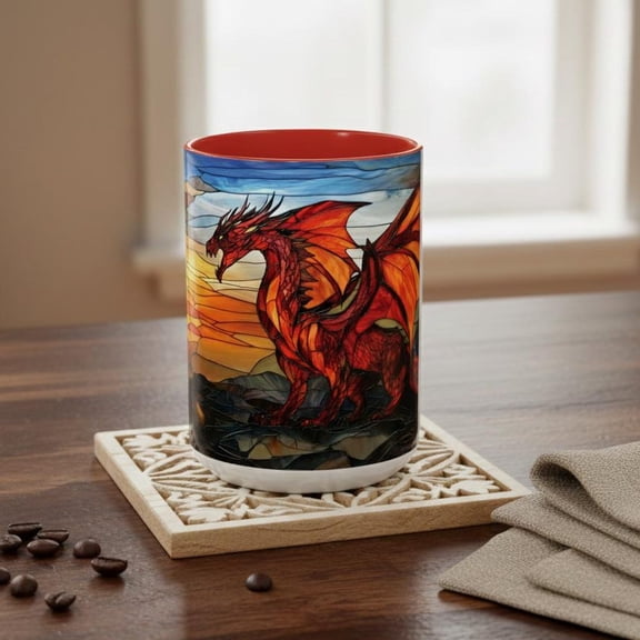Red Dragon Stained Glass Style Art Coffee Mug, Epic Fantasy Art Ceramic Tea Cup, Tabletop Gaming Lover Dragon Decor, Mythical Creature Gift
