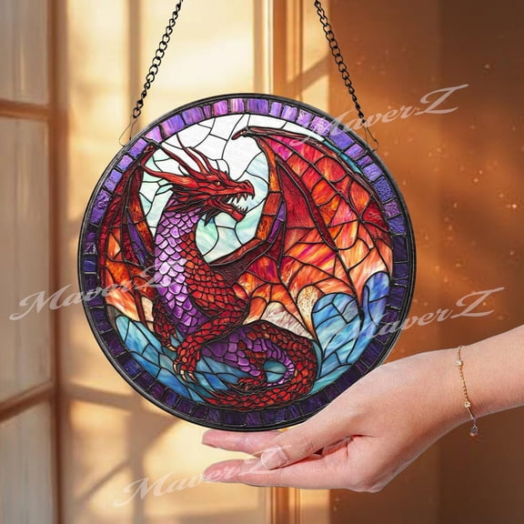 Red Dragon Suncatcher, Fantasy Glass Window Hanging, Mythical Decor, 3.5 in