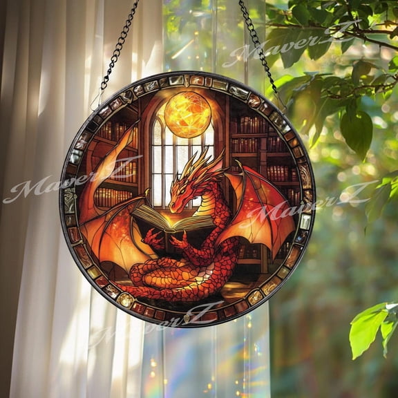 Red Dragon Suncatcher: Reading Book, Fantasy Window Decor, Suncatcher Window Hanging, 3.5 in
