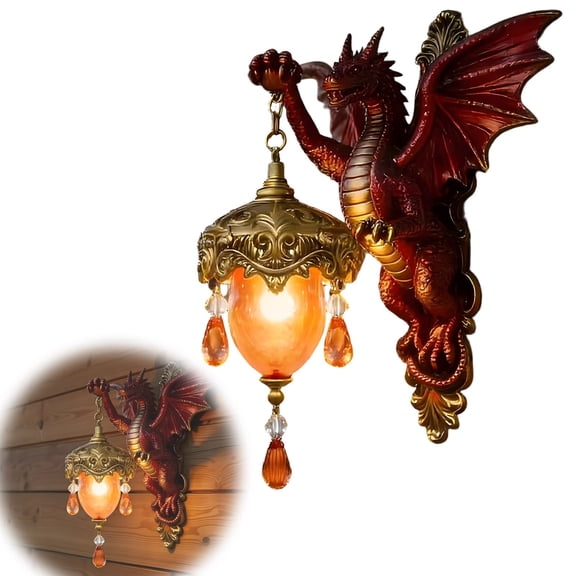 Red Dragon Wall Sconce Light, Gothic Fantasy Dragon Decorative Wall Lamp for Living Room, Bedroom, Game Room & Bar Decor