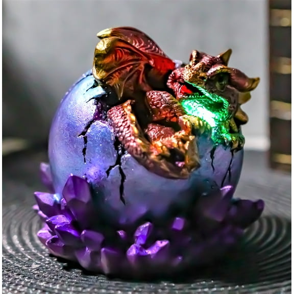 Red Dragon Wyrmling Nestling In Purple Egg With LED Night Light Figurine
