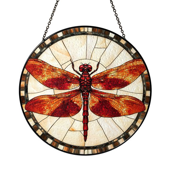 Red Dragonfly Stained Glass Style Suncatcher – Nature Window Decor