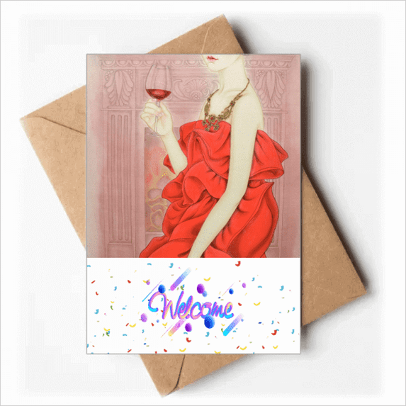 Red Dress Beauty Chinese Painting Welcome Back Greeting Cards Envelopes Blank