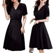 Red Dress Female Summer Models French Waist Thin V-Neck A Word In The Long Section Of The Skirt Buttons Temperament Yangqi Black 2Xl