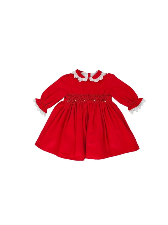 Red Dress, Hand Smocked Long Sleeve, Baby, Toddler, Girl's Dress & Bloomers Set- Girl's Clothing-Children's Clothing Store