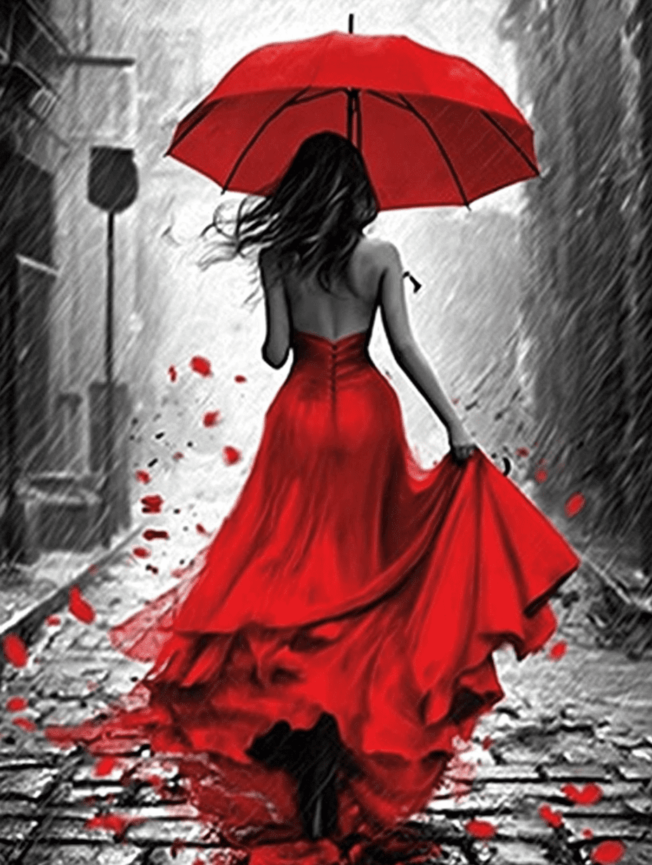 Red Dress Woman Umbrella Decorative Painting/Canvas Art Suitable for  Living Room Study Bar Decoration Rainy Day Romance Wall Art Fashion  Lady ...