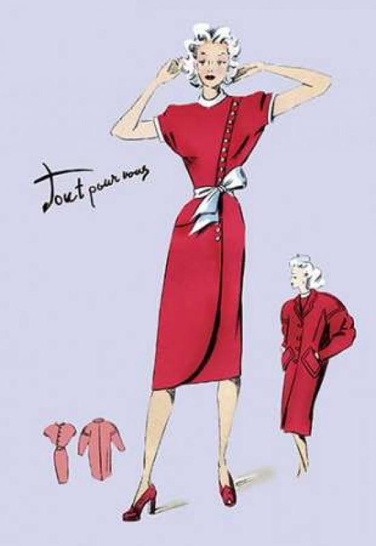 Red Dress with Matching Overcoat 1947 Canvas Art - Unknown (12 x 18)
