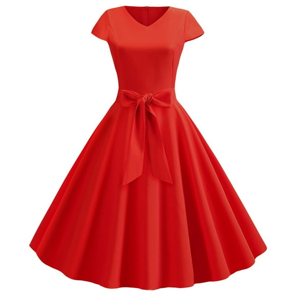 Red Dresses Vintage V Neck Short Sleeve Solid Color Casual Dress Cocktail Evening Dress Prom Dresses 2024