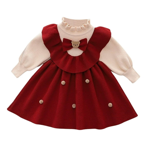 Red Dresses for Girls Long Sleeve Fleece Lined Ruffle Hem Fall Sweater Dress Thick Warm Casual Cotton Knitwear Bow Cute Clothes Red 5 Years