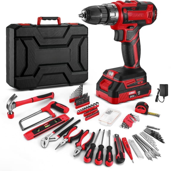 Red Drill Tool Kit Set: 20v Cordless Power Box With Electric Driver For Men Home Hand Repair Basic Toolbox Tools Sets Drills Case