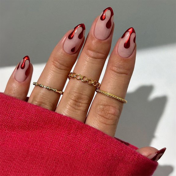 Red Drip Press on Nails Medium Almond Fake Nails Glossy Blood Drop Horror Design Nude Pink Full Cover Adhesive Press Ons Acrylic False Nails Artificial Nail Tips for Halloween Party 24 Pcs