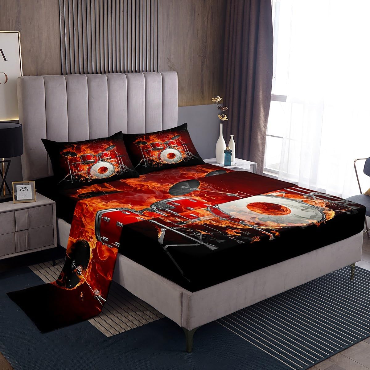 Red Drum Kit Bed Set Music Theme Bed Sheets Set, Band Drum Set Sheet