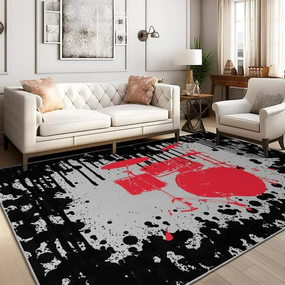 Red Drum Set Area Rug Vintage Music Low Pile Rugs Black White Ink Carpet Washable Non Slip For Bedroom Living Room Dorm Office-4' × 5'
