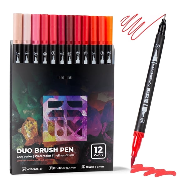 ZSCM Red Duo Tip Marker, 12 Pack Fine & Brush Markers for Adult Coloring Books No Bleeding, Holiday Cards, Bold Lettering, Attention-Grabbing