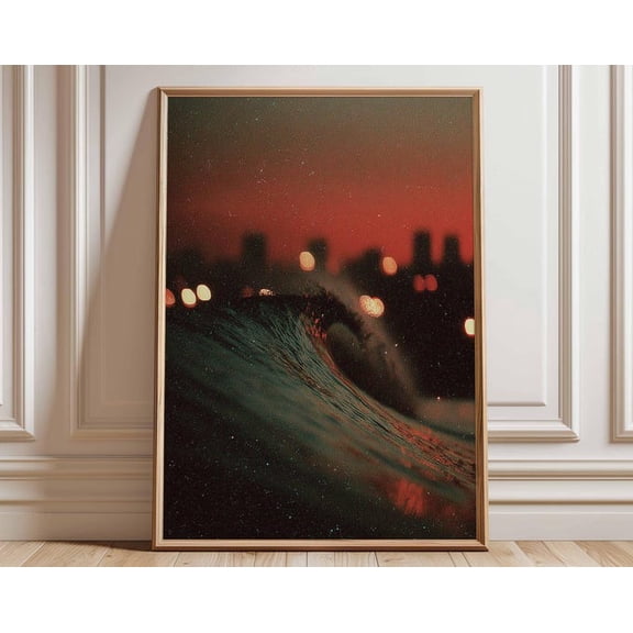 Red Dusk Wave City Skyline Wall Art, Unframed Paper Poster 8x10in