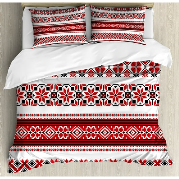 Red Duvet Cover Set King Size, Ukrainian Needlework Illustration Ethnic Traditional Accents Arts and Crafts Theme, Decorative 3 Piece Bedding Set with 2 Pillow Shams, Red Black White, by Ambesonne