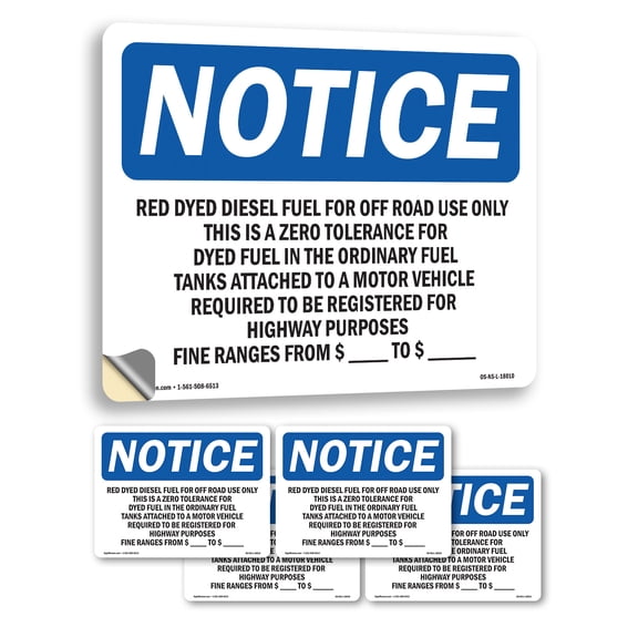 Red Dyed Diesel Fuel For Off Road Use Only OSHA Notice Vinyl Decal Label 5 Inch x 3.5 Inch - 5 Pack