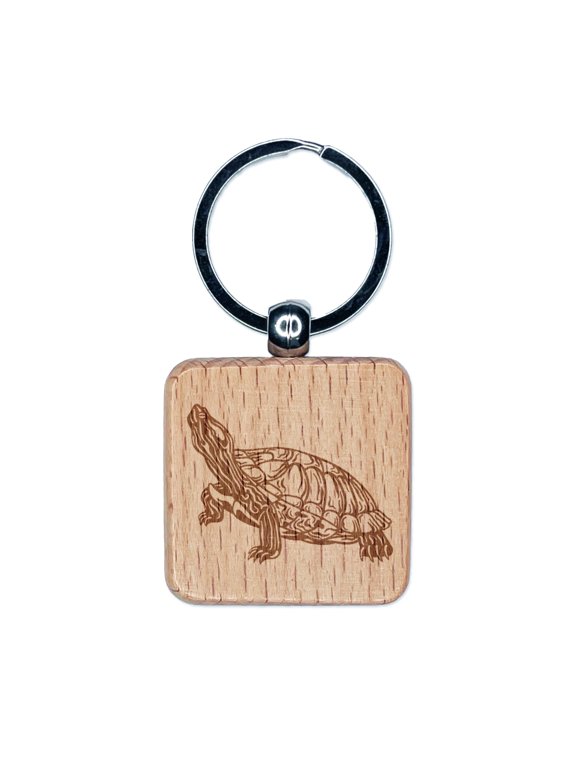 Red-Eared Slider Turtle Pet Reptile Square Keychain Charm Tag - Engraved Wood