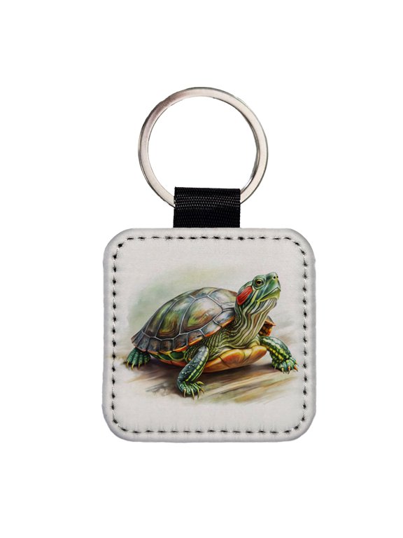 Red Eared Slider Turtle Watercolor Faux Leather Square Keychain