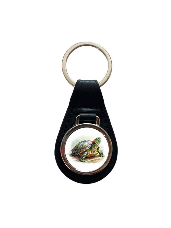 Red Eared Slider Turtle Watercolor Metal Black Leather Keychain