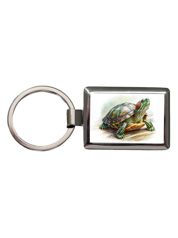 Red Eared Slider Turtle Watercolor Metal Rectangle Keychain